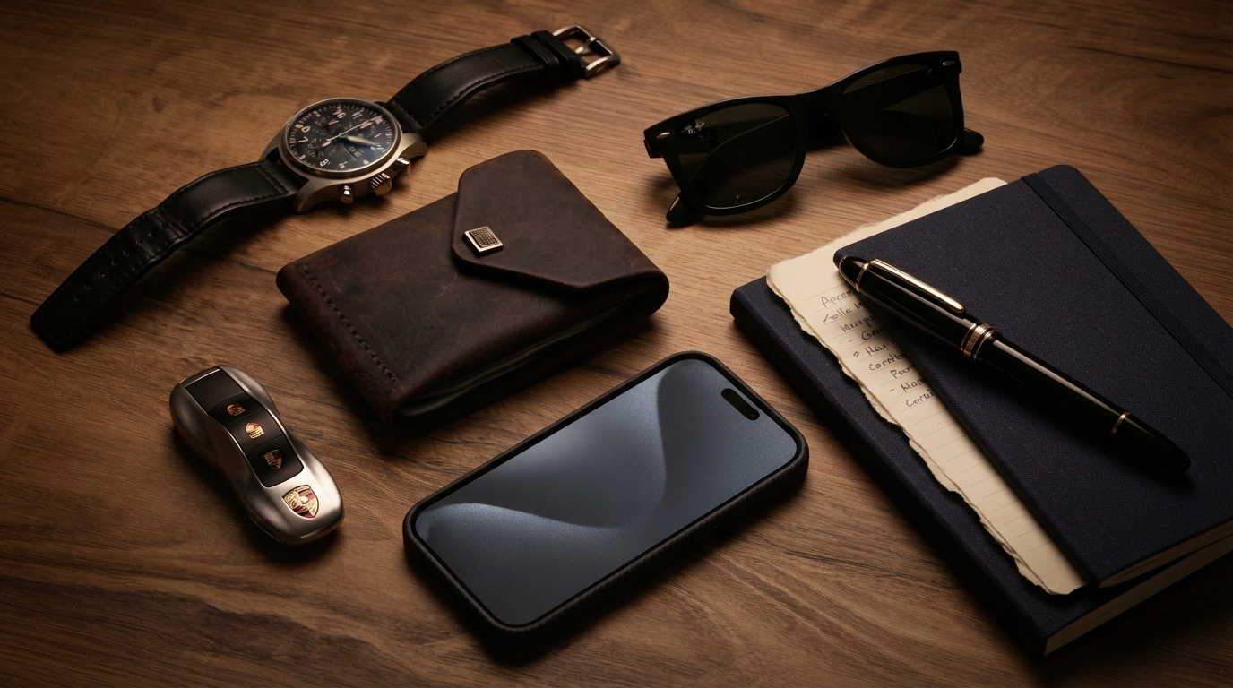Wallet as part of everyday carry desk flat-lay