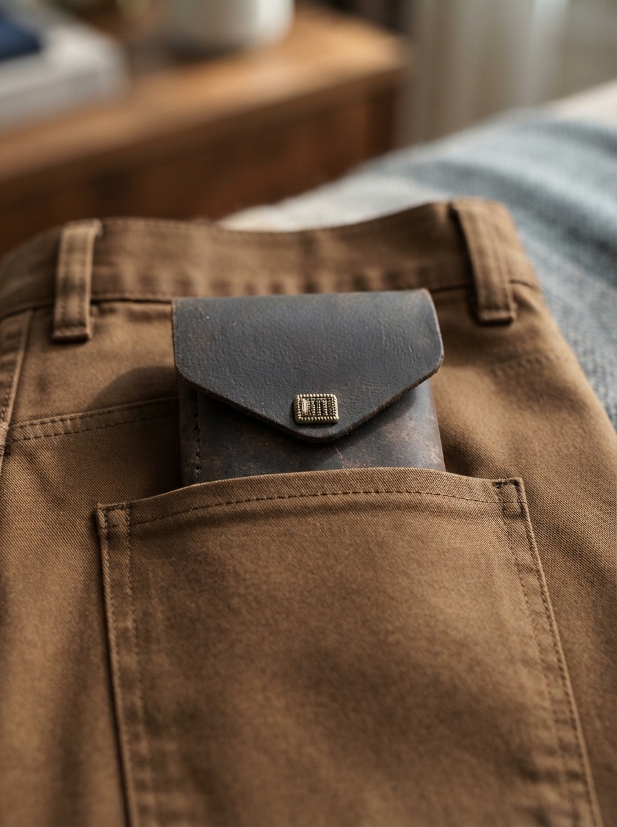 Wallet in back pocket of brown chinos