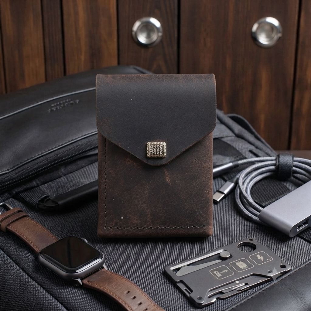Wallet with travel gear and backpack