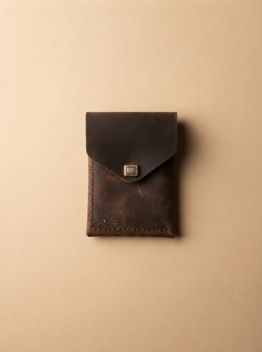 Full-grain leather pouch wallet on beige background